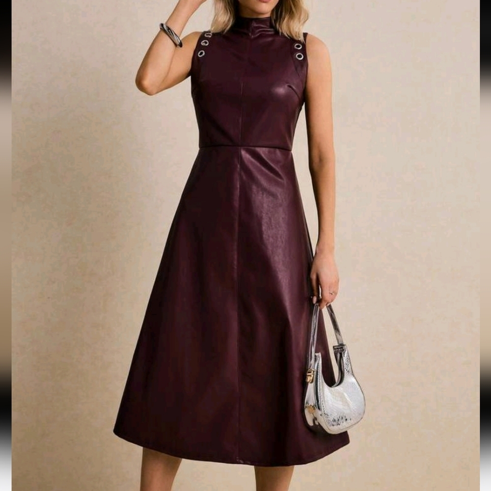 Burgundy Faux-Leather Mock-Neck Midi Dress With Grommet Shoulder Detail A-Line